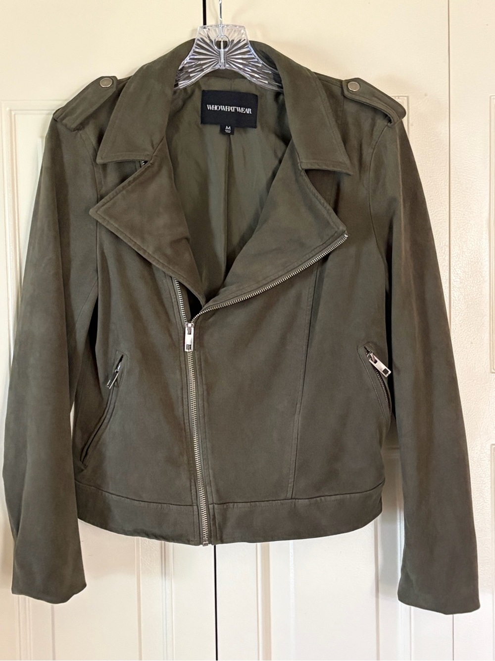 WhoWhatWear Olive Faux Suede Moto Jacket Size Med. Cropped Bikercore Old Money
